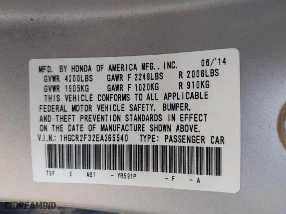 2014 Honda Accord Sedan LX with VIN 1HGCR2F32EA265540, listed as a IAAI auction lot 40387820 with 118,452 mi miles. Bid and sale history available at carsss.com. Image 9.