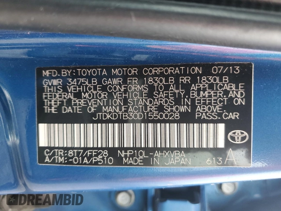 2013 Toyota Prius One with VIN JTDKDTB30D1550028, listed as a Copart auction lot 50266995 with 63,909 mi miles and Salvage Title. Bid and sale history available at carsss.com. Image 12.