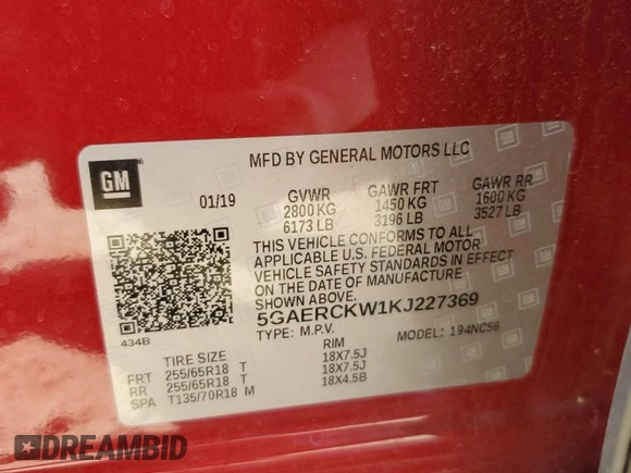 2019 Buick Enclave Premium with VIN 5GAERCKW1KJ227369, listed as a Copart auction lot 80631314 with 59,910 mi miles and Salvage Title. Bid and sale history available at DreamBid. Image 13.