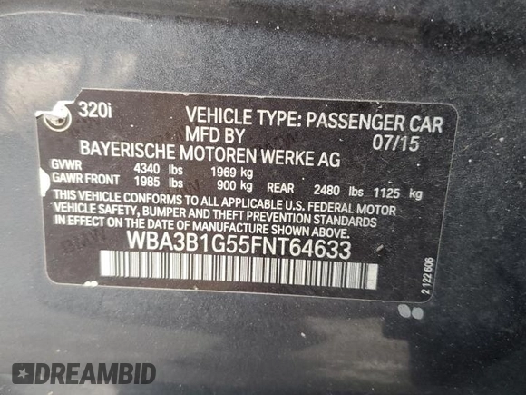 2015 BMW 3 Series 320i with VIN WBA3B1G55FNT64633, listed as a Copart auction lot 47503685 with 130,290 mi miles and Clean Title. Bid and sale history available at carsss.com. Image 12.