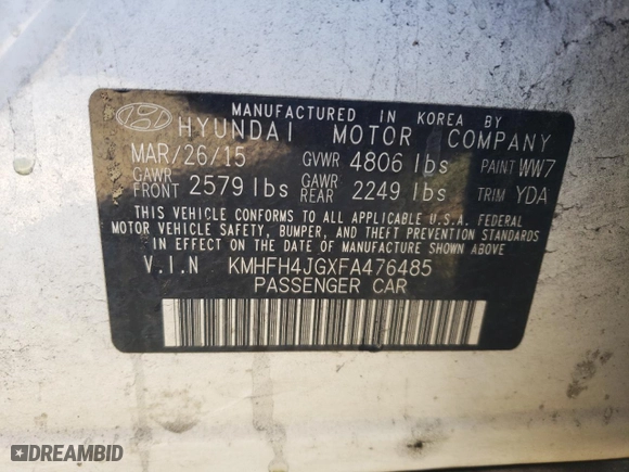 2015 Hyundai Azera Limited with VIN KMHFH4JGXFA476485, listed as a Copart auction lot 77338624 with 111,056 mi miles and Salvage Title. Bid and sale history available at carsss.com. Image 12.