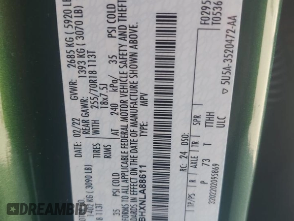2022 Ford Bronco z VIN 1FMDE5BHXNLA88611, wystawiony jako Copart lot #58135415 z przebiegiem 15 448 mil mil oraz Nie do naprawy • Non repairable. Historia ofert i sprzedaży dostępna na DreamBid. Obrazek 14.
