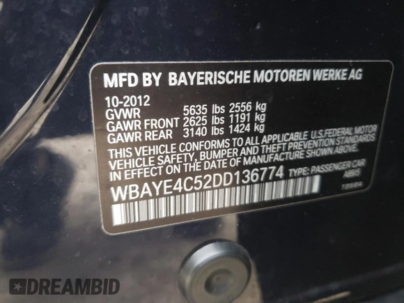 2013 BMW 7 Series 740Li with VIN WBAYE4C52DD136774, listed as a Copart auction lot 44769695 with 199,964 mi miles and Clean title. Bid and sale history available at DreamBid. Image 12.