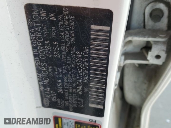 2017 Kia Cadenza Premium with VIN KNALC4J11H5087048, listed as a Copart auction lot 72180834 with 65,890 mi miles and Salvage Title. Bid and sale history available at carsss.com. Image 12.