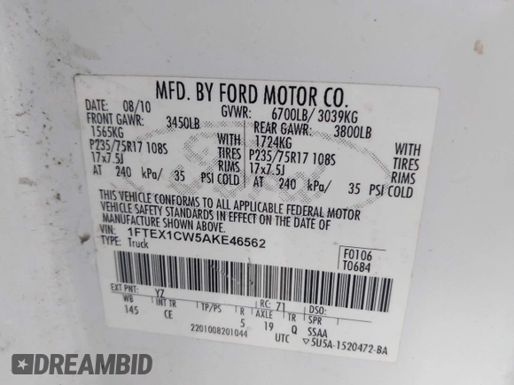 2010 Ford F-150 XL with VIN 1FTEX1CW5AKE46562, listed as a IAAI auction lot 42261296 with Not provided miles and . Bid and sale history available at DreamBid. Image 9.