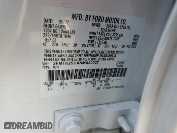 2022 Ford Mustang Mach-E California Route 1 z VIN 3FMTK2SUXNMA30027, wystawiony jako Copart lot #55683375 z przebiegiem 56 217 mil mil oraz Szkoda całkowita • Salvage title. Historia ofert i sprzedaży dostępna na DreamBid. Obrazek 14.