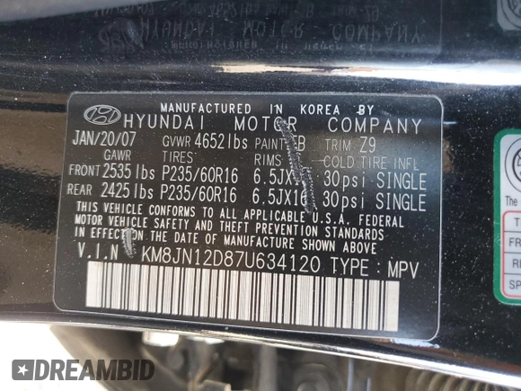 2007 Hyundai Tucson SE with VIN KM8JN12D87U634120, listed as a Copart auction lot 68284734 with 141,429 mi miles and Salvage Title. Bid and sale history available at carsss.com. Image 12.