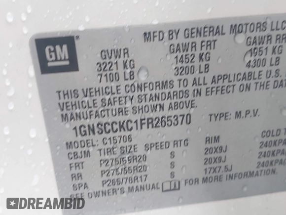 2015 Chevrolet Tahoe LTZ with VIN 1GNSCCKC1FR265370, listed as a IAAI auction lot 42131294 with 217,064 mi miles and . Bid and sale history available at DreamBid. Image 9.