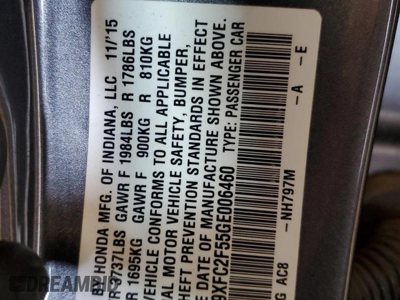 2016 Honda Civic Sedan LX with VIN 19XFC2F55GE006460, listed as a Copart auction lot 51485715 with 158,941 mi miles and Salvage Title. Bid and sale history available at carsss.com. Image 13.