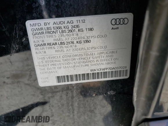 2013 Audi Q5 Premium with VIN WA1CFAFP7DA037028, listed as a Copart auction lot 57075835 with 142,617 mi miles and Salvage title. Bid and sale history available at DreamBid. Image 13.