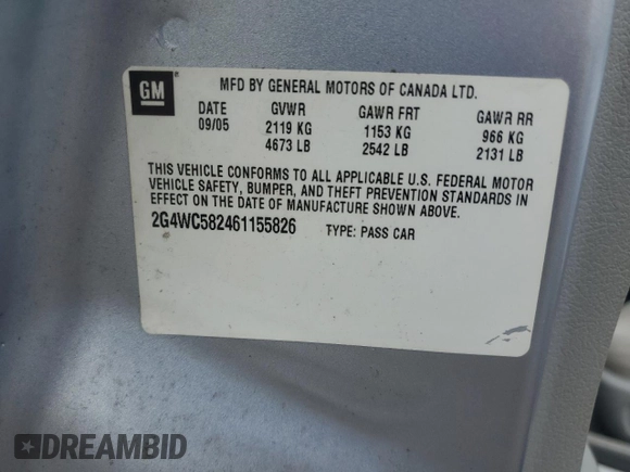 2006 Buick LaCrosse CX с VIN 2G4WC582461155826, выставлен на аукционе Copart как лот 55949935 с пробегом 102 314 миль миль и Списание • Salvage title. История ставок и продаж доступна на DreamBid. Изображение 12.