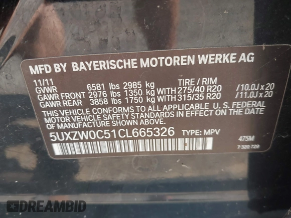 2012 BMW X5 35d z VIN 5UXZW0C51CL665326, wystawiony jako IAAI lot #42633853 z przebiegiem Nie podano mil oraz . Historia ofert i sprzedaży dostępna na DreamBid. Obrazek 9.