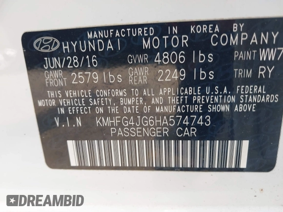 2017 Hyundai Azera с VIN KMHFG4JG6HA574743, выставлен на аукционе IAAI как лот 42406563 с пробегом 54 859 миль миль и . История ставок и продаж доступна на DreamBid. Изображение 9.
