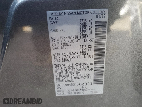 2019 Infiniti QX60 Pure with VIN 5N1DL0MM6KC562021, listed as a Copart auction lot 63622235 with 52,556 mi miles and Clean title. Bid and sale history available at DreamBid. Image 13.