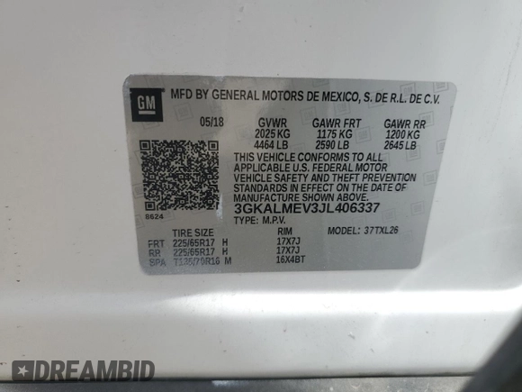 2018 GMC Terrain SLE with VIN 3GKALMEV3JL406337, listed as a Copart auction lot 49029205 with 66,350 mi miles and Salvage Title. Bid and sale history available at DreamBid. Image 15.
