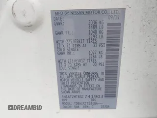 2016 Nissan Rogue SV with VIN 5N1AT2MT8GC741903, listed as a IAAI auction lot 42129112 with 188,576 mi miles. Bid and sale history available at carsss.com. Image 9.