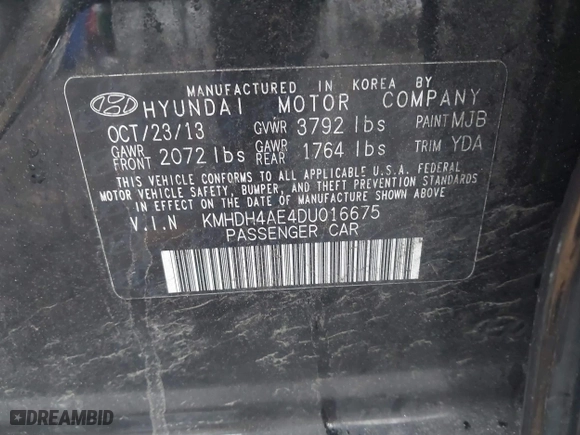 2013 Hyundai Elantra GLS PZEV with VIN KMHDH4AE4DU016675, listed as a IAAI auction lot 42009797 with 104,343 mi miles. Bid and sale history available at carsss.com. Image 9.