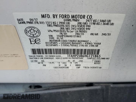 2017 Ford Taurus Limited with VIN 1FAHP2J86HG121865, listed as a Copart auction lot 80316954 with 109,624 mi miles and Salvage Title. Bid and sale history available at DreamBid. Image 12.