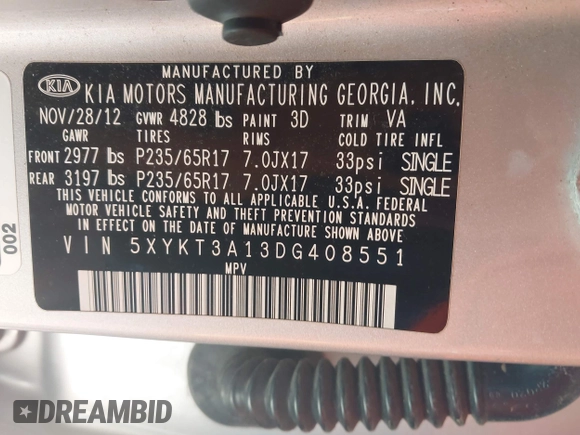 2013 Kia Sorento LX with VIN 5XYKT3A13DG408551, listed as a IAAI auction lot 42648422 with 126,985 mi miles and . Bid and sale history available at DreamBid. Image 9.