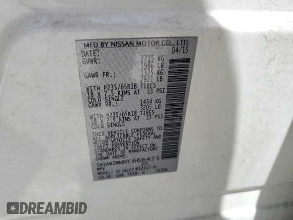 2015 Nissan Pathfinder SV с VIN 5N1AR2MN8FC666425, выставлен на аукционе Copart как лот 57183195 с пробегом 169 240 миль миль и Списание • Salvage title. История ставок и продаж доступна на DreamBid. Изображение 13.