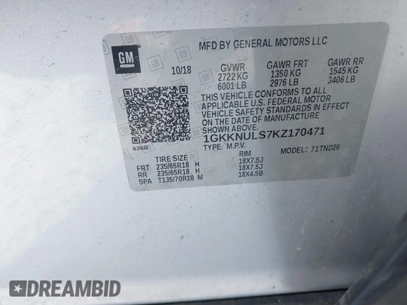 2019 GMC Acadia SLT z VIN 1GKKNULS7KZ170471, wystawiony jako IAAI lot #41499589 z przebiegiem 142 064 mil mil oraz . Historia ofert i sprzedaży dostępna na DreamBid. Obrazek 9.