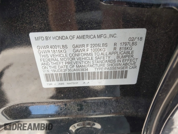 2018 Acura ILX with VIN 19UDE2F30JA003834, listed as a IAAI auction lot 42066312 with 69,719 mi miles and . Bid and sale history available at DreamBid. Image 9.