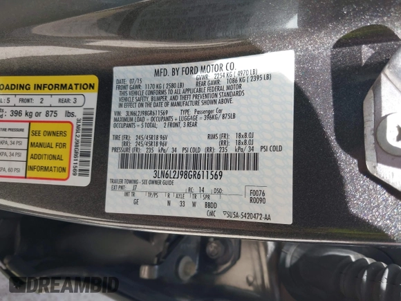 2016 Lincoln MKZ with VIN 3LN6L2J98GR611569, listed as a IAAI auction lot 42151123 with 84,184 mi miles and . Bid and sale history available at DreamBid. Image 9.