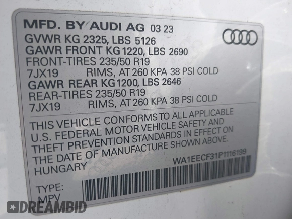 2023 Audi Q3 S line Premium Plus with VIN WA1EECF31P1116199, listed as a IAAI auction lot 41560100 with 18,375 mi miles. Bid and sale history available at carsss.com. Image 9.