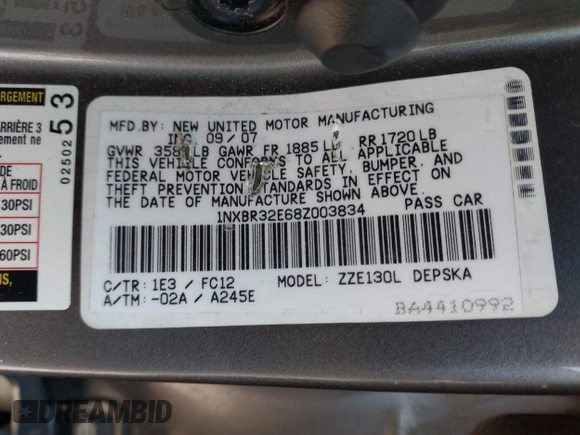 2008 Toyota Corolla CE with VIN 1NXBR32E68Z003834, listed as a IAAI auction lot 42162215 with 230,460 mi miles and . Bid and sale history available at DreamBid. Image 9.