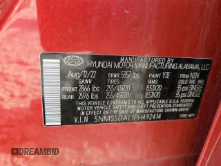 2023 Hyundai Santa Fe Calligraphy with VIN 5NMS5DAL1PH492414, listed as a Copart auction lot 64307095 with 62,011 mi miles and Non repairable. Bid and sale history available at DreamBid. Image 12.