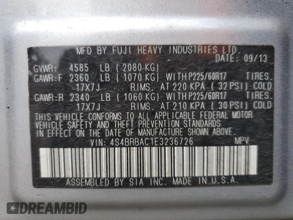 2014 Subaru Outback 2.5i with VIN 4S4BRBAC1E3236726, listed as a Copart auction lot 56739225 with 191,405 mi miles and Salvage title. Bid and sale history available at DreamBid. Image 13.