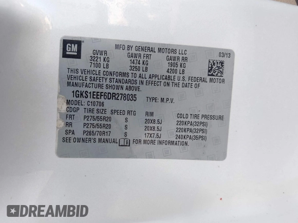 2013 GMC Yukon Denali with VIN 1GKS1EEF6DR278035, listed as a IAAI auction lot 41526763 with 149,815 mi miles. Bid and sale history available at carsss.com. Image 9.
