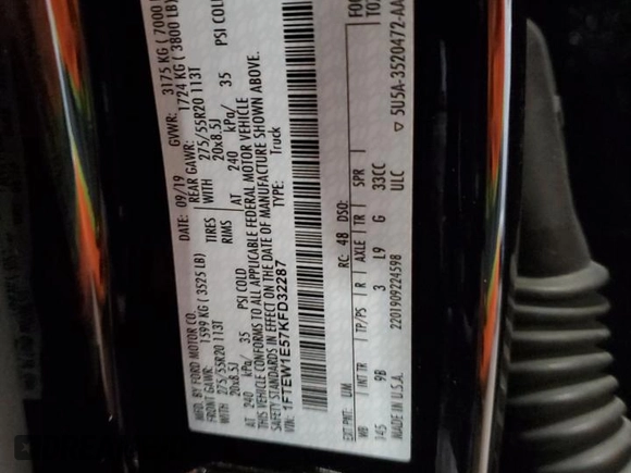 2019 Ford F-150 XL with VIN 1FTEW1E57KFD32287, listed as a Copart auction lot 58795095 with Not provided miles and Clean title. Bid and sale history available at DreamBid. Image 12.