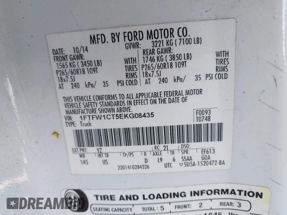 2014 Ford F-150 XL with VIN 1FTFW1CT5EKG08435, listed as a IAAI auction lot 41886526 with 215,364 mi miles. Bid and sale history available at carsss.com. Image 9.