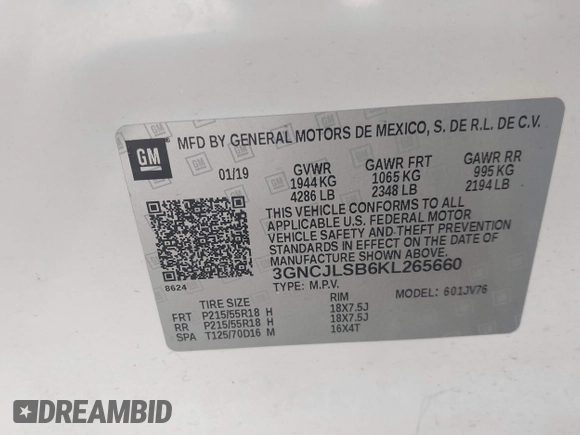 2019 Chevrolet Trax LT z VIN 3GNCJLSB6KL265660, wystawiony jako IAAI lot #41633609 z przebiegiem Nie podano mil oraz . Historia ofert i sprzedaży dostępna na DreamBid. Obrazek 9.
