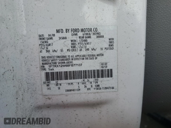 2008 Ford F-150 STX с VIN 1FTRX12W68FB77137, выставлен на аукционе Copart как лот 44389315 с пробегом 302 970 миль миль и Списание • Salvage title. История ставок и продаж доступна на DreamBid. Изображение 12.