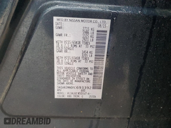 2015 Nissan Pathfinder SV with VIN 5N1AR2MN0FC693392, listed as a Copart auction lot 44003025 with 0 mi miles and Salvage Title. Bid and sale history available at carsss.com. Image 14.