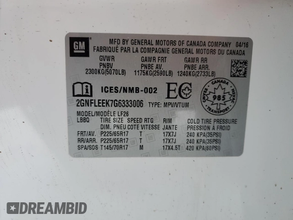 2016 Chevrolet Equinox LS with VIN 2GNFLEEK7G6333006, listed as a Copart auction lot 44134935 with 147,819 mi miles and Salvage Title. Bid and sale history available at DreamBid. Image 13.