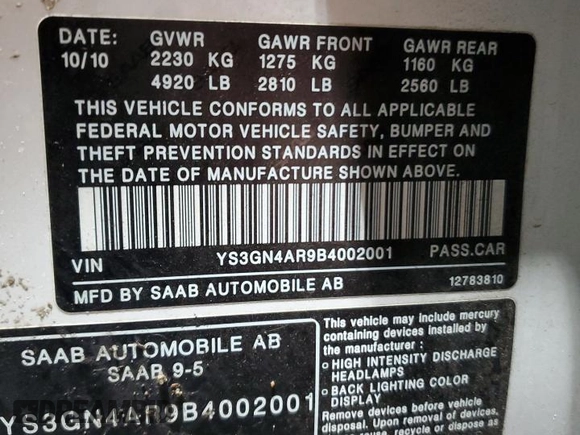 2011 Saab 9-5 Turbo4 z VIN YS3GN4AR9B4002001, wystawiony jako Copart lot #43450355 z przebiegiem 138 664 mil mil oraz Tytuł czysty. Historia ofert i sprzedaży dostępna na DreamBid. Obrazek 13.