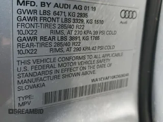 2019 Audi Q8 Premium Plus with VIN WA1EVAF10KD026245, listed as a Copart auction lot 50052993 with 44,522 mi miles. Bid and sale history available at carsss.com. Image 15.