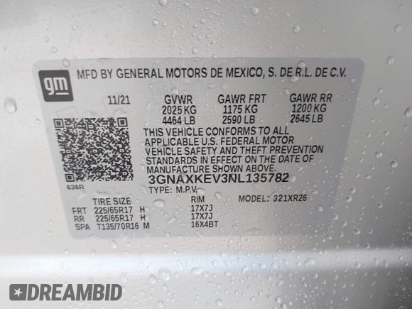 2022 Chevrolet Equinox LT z VIN 3GNAXKEV3NL135782, wystawiony jako IAAI lot #42155088 z przebiegiem 41 785 mil mil oraz . Historia ofert i sprzedaży dostępna na DreamBid. Obrazek 9.