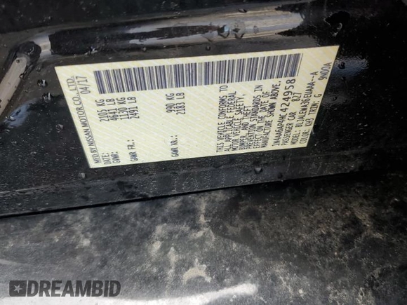 2017 Nissan Maxima SL with VIN 1N4AA6AP4HC424958, listed as a Copart auction lot 57298725 with 127,485 mi miles and Salvage title. Bid and sale history available at DreamBid. Image 12.
