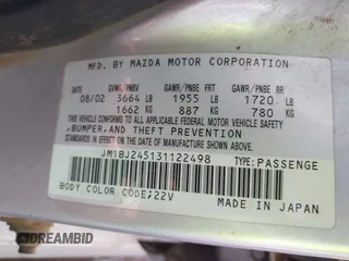 2003 Mazda Protege with VIN JM1BJ245131122498, listed as a IAAI auction lot 41990488 with 170,880 mi miles and . Bid and sale history available at DreamBid. Image 9.