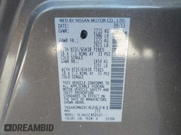 2014 Nissan Pathfinder SV with VIN 5N1AR2MN2EC626243, listed as a IAAI auction lot 41774399 with 146,363 mi miles. Bid and sale history available at carsss.com. Image 9.