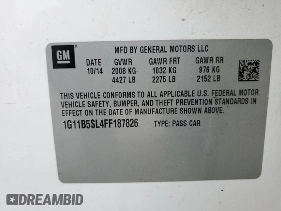 2015 Chevrolet Malibu LS with VIN 1G11B5SL4FF187826, listed as a Copart auction lot 54364305 with 172,532 mi miles and Salvage Title. Bid and sale history available at DreamBid. Image 12.