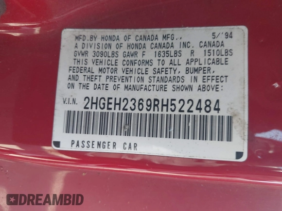 1994 Honda Civic z VIN 2HGEH2369RH522484, wystawiony jako IAAI lot #42179989 z przebiegiem 248 985 mil mil oraz . Historia ofert i sprzedaży dostępna na DreamBid. Obrazek 9.