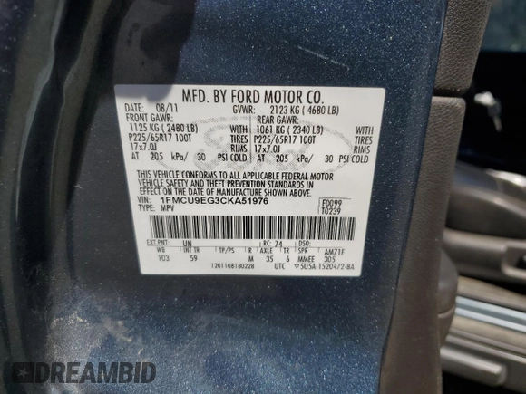 2012 Ford Escape Limited with VIN 1FMCU9EG3CKA51976, listed as a Copart auction lot 65721855 with 142,796 mi miles and Salvage title. Bid and sale history available at DreamBid. Image 13.