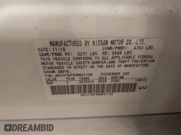 2017 Infiniti Q50 2.0t with VIN JN1CV7AP5HM641168, listed as a IAAI auction lot 41696943 with 106,855 mi miles and . Bid and sale history available at carsss.com. Image 9.