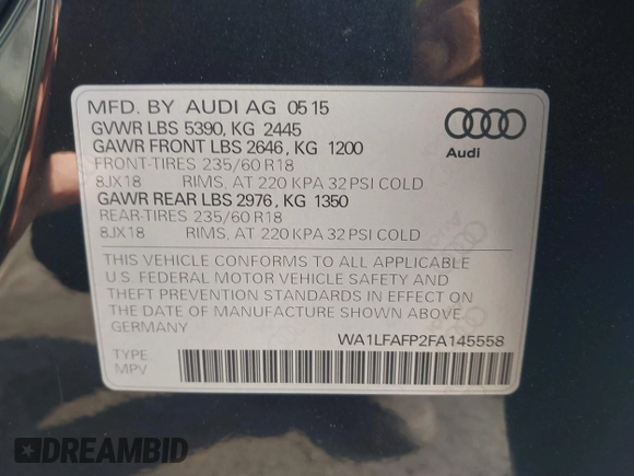 2015 Audi Q5 Premium Plus with VIN WA1LFAFP2FA145558, listed as a IAAI auction lot 42471175 with 138,390 mi miles and . Bid and sale history available at DreamBid. Image 9.
