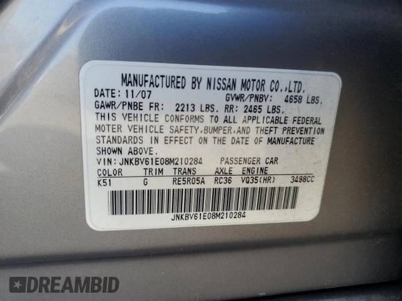 2008 Infiniti G35 with VIN JNKBV61E08M210284, listed as a Copart auction lot 73358894 with Not Provided miles and Salvage Title. Bid and sale history available at DreamBid. Image 12.